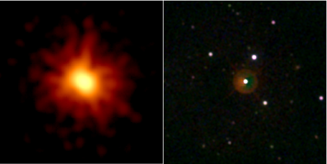 A Swift Observatory image of the luminous afterglow of Gamma Ray Burst GRB 080319B in X-rays (left) and Optical/Ultraviolet (right). Caption and image credit: Wikimedia Commons